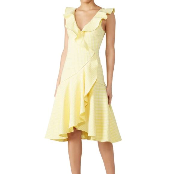 Jonathan Simkhai Dress Yellow Gingham Size 8 Midi Ruffle Picnic Preppy Whimsical - Picture 1 of 11